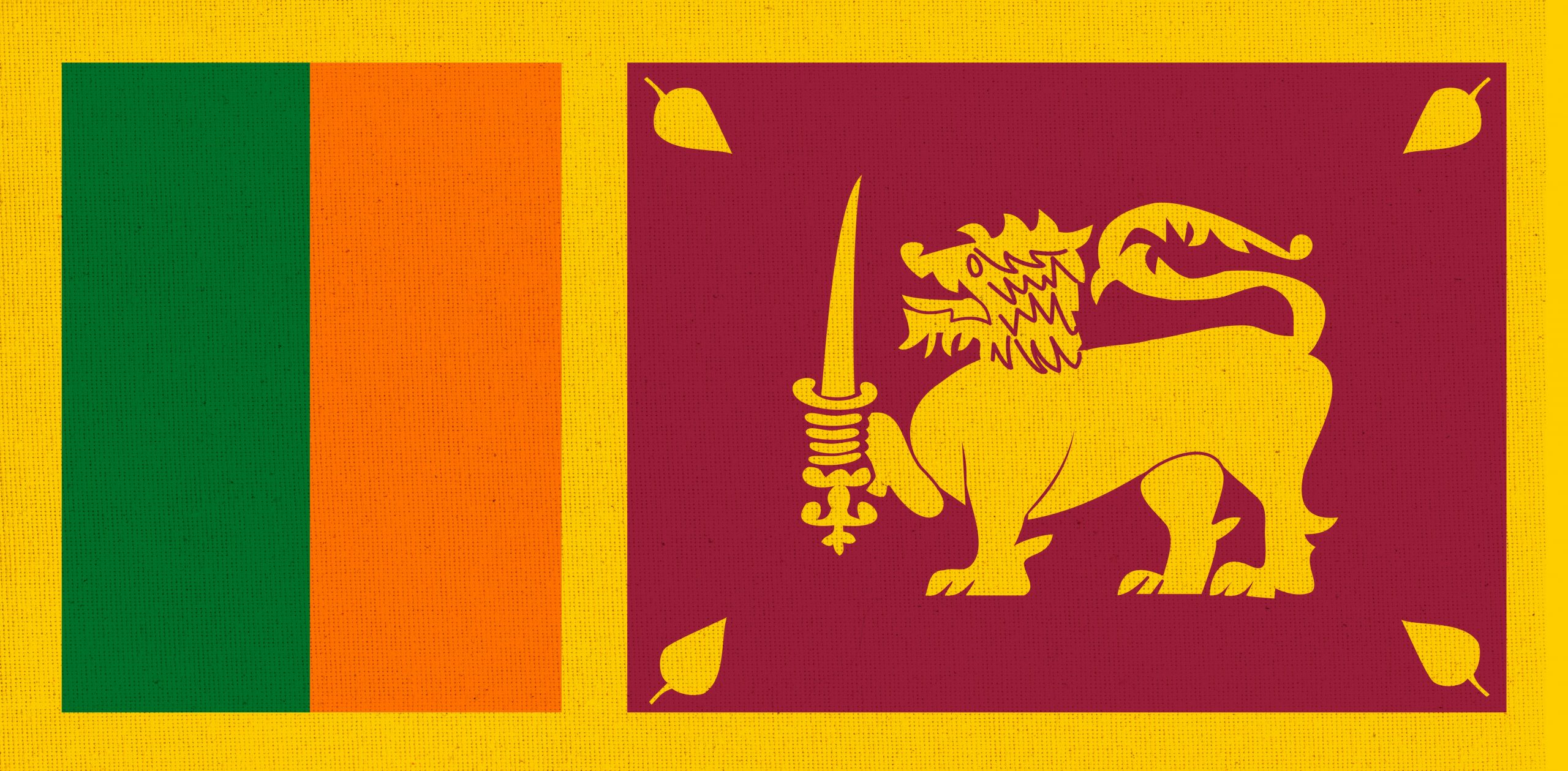 Flag of Sri Lanka. Sri Lanka flag on fabric surface. Fabric texture. National symbol of Ceylon on patterned background. Democratic Socialist Republic of Sri Lanka